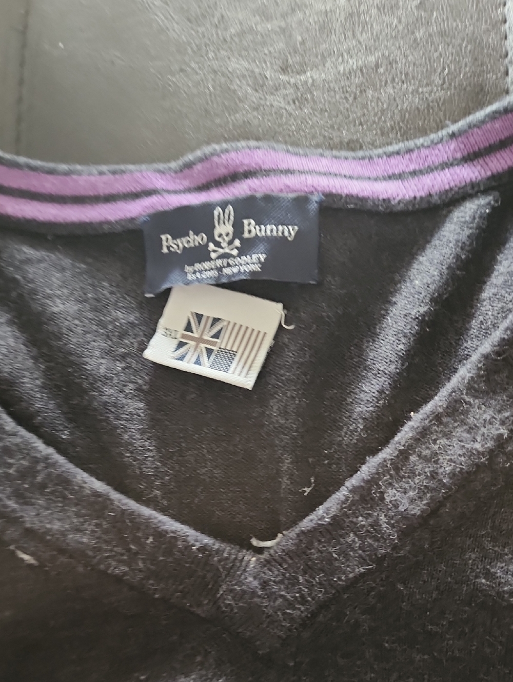 Psycho Bunny Black V-Neck Sweater with Purple Trim
